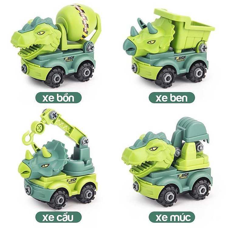 Bộ đồ chơi lắp ráp 4 loại xe khủng long công trường kèm tô vít đa năng cho bé