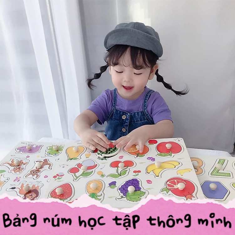 Combo 4 bảng xếp hình núm gỗ giúp bé nhận diện màu sắc và hình khối một cách nhanh chóng