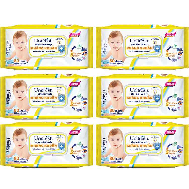Combo 6 Gói Khăn Ướt Unifresh Vitamin E 80M Độ Đàn Hồi Cao Và Không Để Lại Xơ Vải
