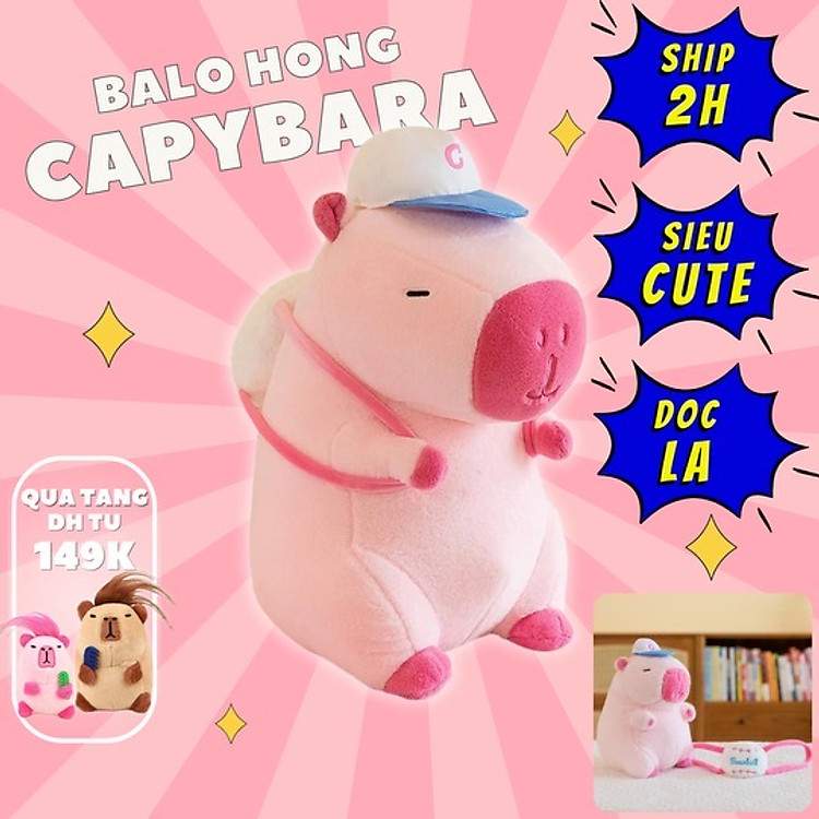 Combo gấu bông Capybara hồng đeo balo kèm móc khoá mini kích thước từ 35cm đến 55cm cao cấp