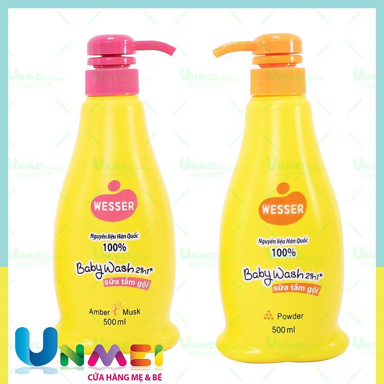 Combo Sữa Tắm Gội Wesser Hàn Quốc 2 Chai 500ml Kèm Quà Tặng Khăn Sợi Tre Unmei