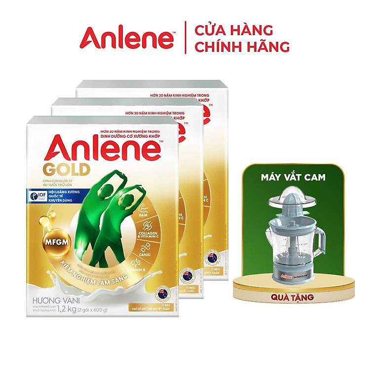 Dinh dưỡng chuẩn vàng từ combo 3 Anlene Gold 1.2kg tặng máy vắt cam vô cùng tiện lợi