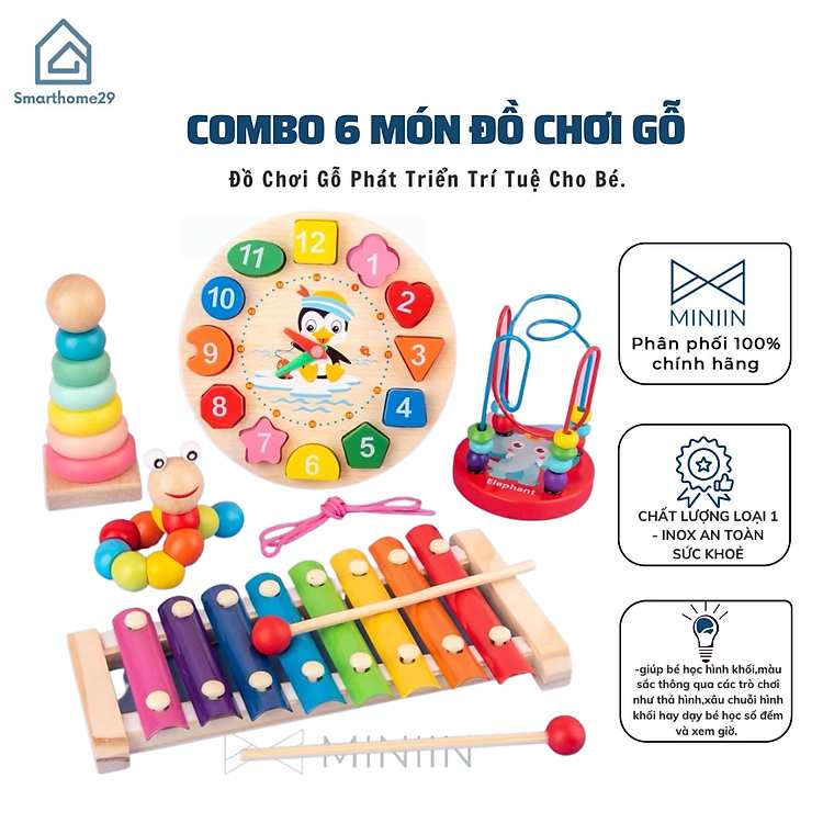 Đồ chơi gỗ thông minh Miniin bộ 6 món cao cấp sự đầu tư thông minh cho tương lai bé