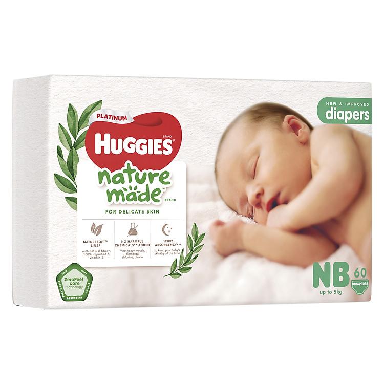 Huggies Platinum NatureMade tã dán sơ sinh sợi tự nhiên gói Super Jumbo S82 NB60 chính hãng