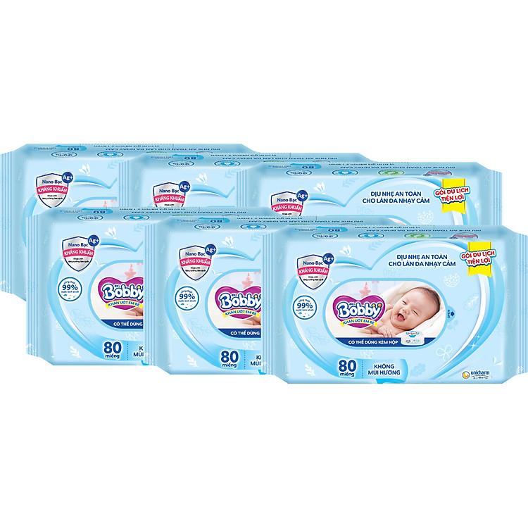 Khăn ướt Bobby Care 80 miếng combo 6 gói chăm sóc làn da nhạy cảm mỗi ngày