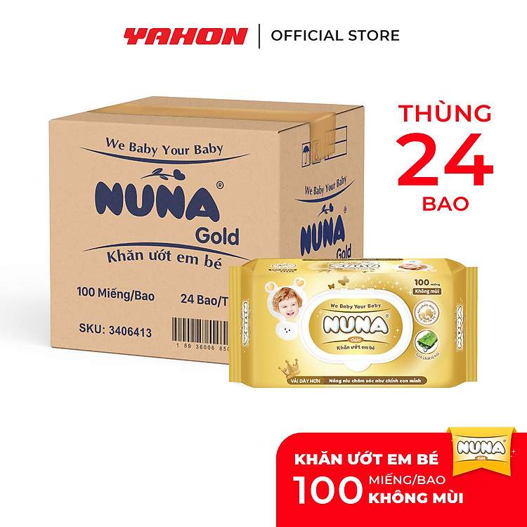 Khăn ướt NUNA Gold không mùi thùng lớn 24 bao không chứa cồn hay paraben độc hại cho em bé