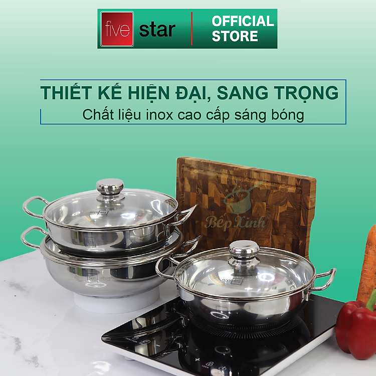 Nồi lẩu Fivestar inox 430 nắp kính 3 đáy chất lượng cao tặng 2 vá canh