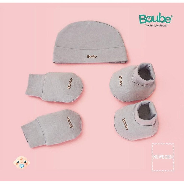 Set mũ và bao tay chân sơ sinh Boube vải sợi tre kháng khuẩn chính hãng