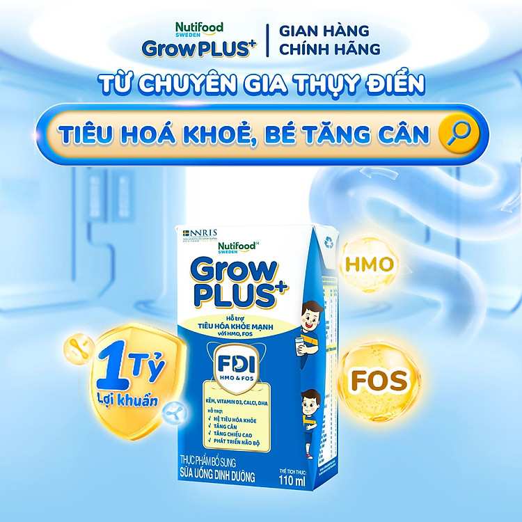 Sữa bột pha sẵn GrowPLUS+ Tiêu Hóa Khỏe Tăng Cân Thùng 48 hộp chính hãng Nutifood