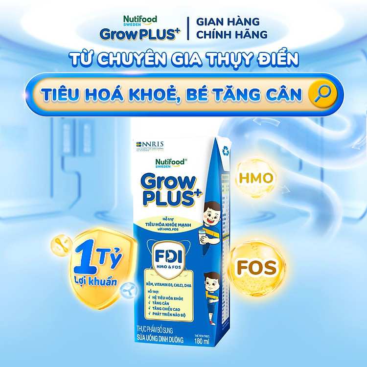 Sữa bột pha sẵn Nutifood GrowPLUS+ Xanh Nhạt 1+ bảo vệ đường ruột giúp bé phát triển thể chất