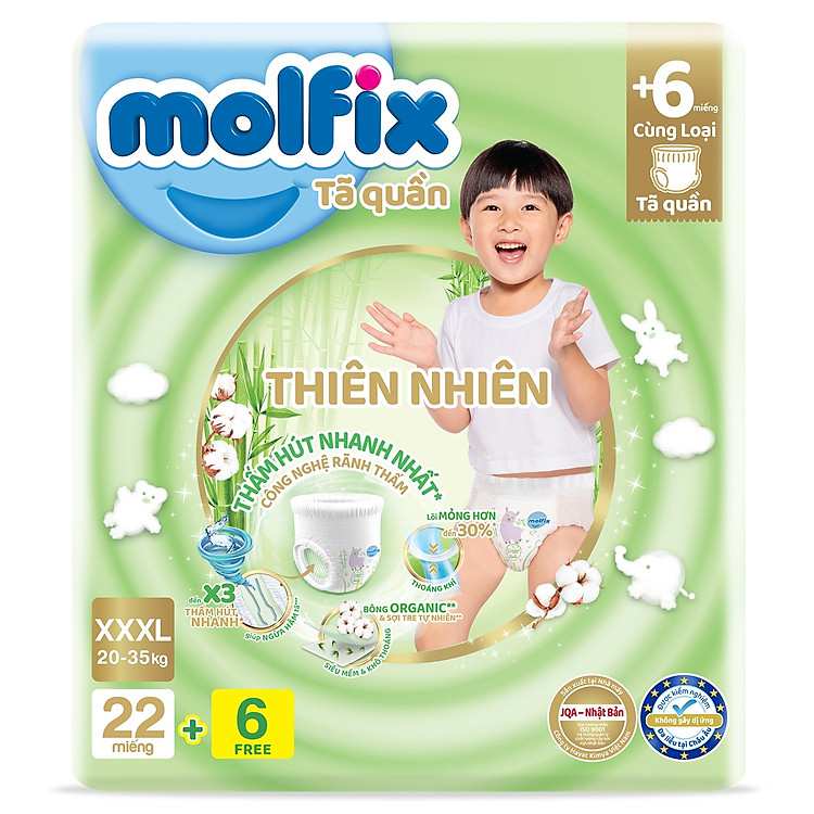 Tã bỉm quần Molfix size XXXL22 cộng 6 miếng thấm hút vượt trội cho giấc ngủ ngon
