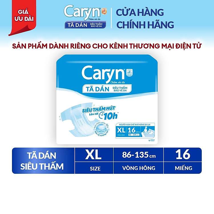 Tã dán Caryn XL16 miếng siêu thấm hút bảo vệ toàn diện cho người hạn chế vận động