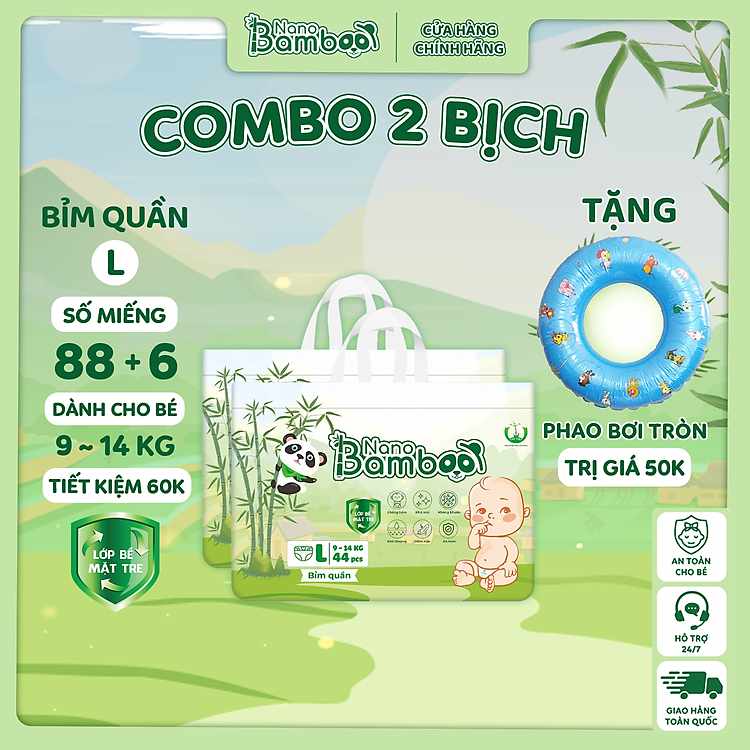 Tiết kiệm 60k khi mua combo 2 bịch bỉm quần Nano Bamboo sợi tre cao cấp 94 miếng tặng kèm quà tặng xinh