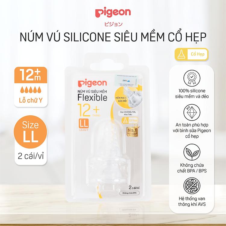 Vỉ 2 núm ty Pigeon cổ hẹp silicon siêu mềm size LL phù hợp mọi bình cổ hẹp
