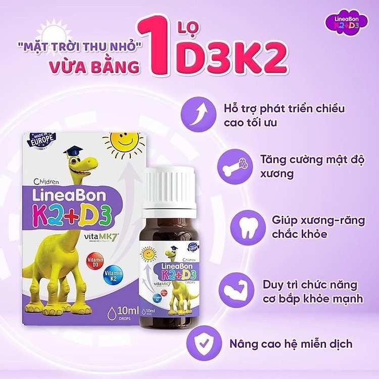 Vitamin Lineabon D3K2 giúp bé có hệ xương vững chắc tạo nền tảng chiều cao lý tưởng trong tương lai