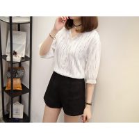 Áo sơ mi nữ HB185 cổ V thanh lịch phối ren họa tiết trơn phong cách Hàn