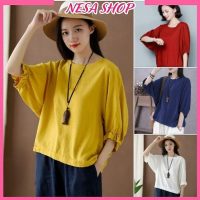 Áo sơ mi nữ tay lỡ NeSa chất liệu đũi tơ cao cấp form rộng chuẩn phong cách