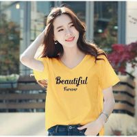 Áo thun nữ MXM cổ tim form rộng in chữ Beautiful cotton 4 chiều chính hãng ANU076