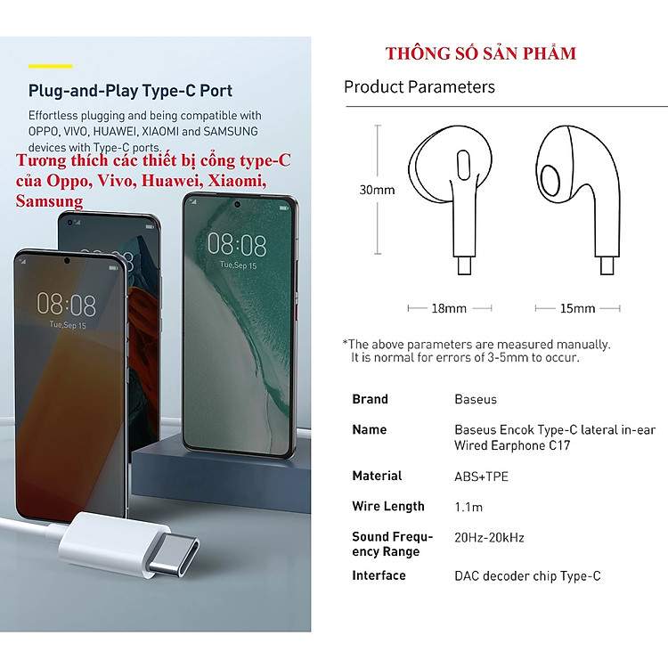 Baseus Encok C17 tai nghe nhét tai chân cắm Type-C âm thanh chuẩn HD tích hợp mic lọc tạp âm