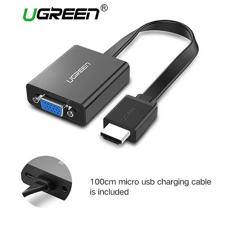 Bộ chuyển HDMI sang VGA Ugreen UG40248 chính hãng màu đen kèm cổng âm thanh và dây dẹp bền bỉ