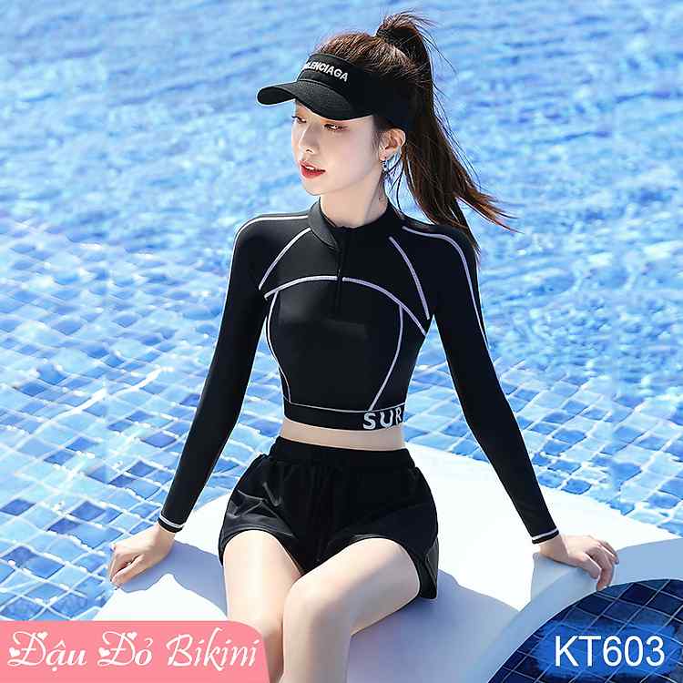 Bộ đồ bơi nữ KT603 phong cách trẻ trung với quần hai lớp và áo khóa kéo tiện dụng