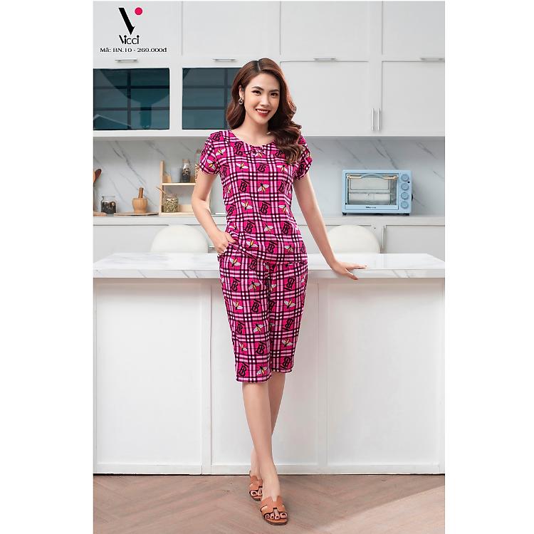 Bộ đồ lửng mặc nhà tole Vicci BN10 áo cộc tay cổ sen tròn phối họa tiết in hiện đại