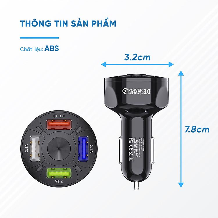 Bộ sạc nhanh QC 3.0 gắn tẩu ô tô 4 cổng USB thiết kế hiện đại bám chắc ổ cắm