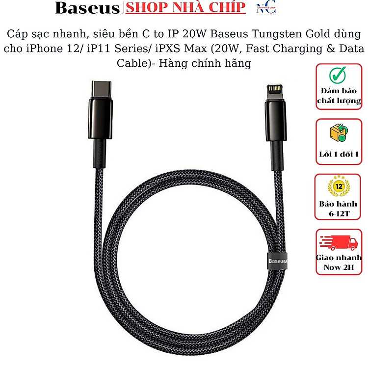 Cáp sạc Baseus Tungsten Gold 20W Type C to Lightning hỗ trợ sạc nhanh iPhone 12 Series chính hãng