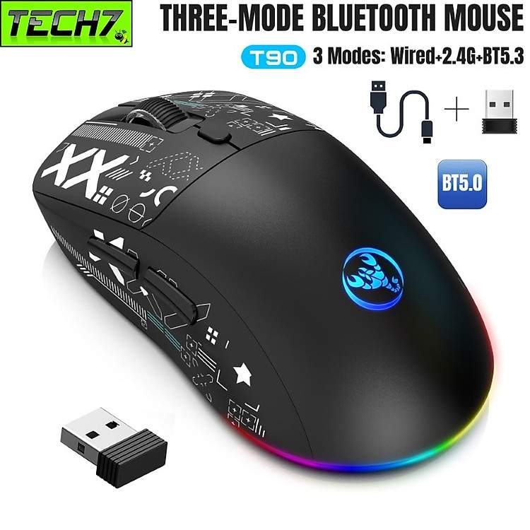 Chuột không dây T90 chống ồn 3600Dpi đa kết nối Bluetooth 5.3 và Wireless 2.4G cao cấp