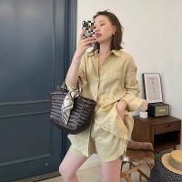 Combo áo sơ mi kèm quần short ống rộng nữ vải Linen cao cấp màu be thanh lịch