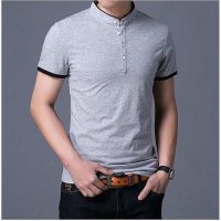 Cực phẩm áo thun nam ngắn tay cổ trụ màu xám phong cách Hàn Quốc cực chất