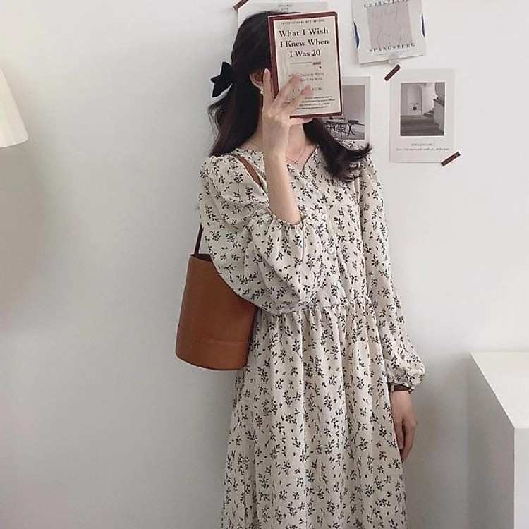 Đầm hoa nhí vintage dáng dài cổ V thời thượng dành riêng cho tín đồ Ulzzang