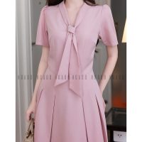Đầm hồng midi NGADO cổ cà vạt tinh tế từng đường kim mũi chỉ cho phái nữ