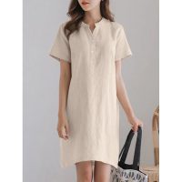 Đầm linen sơ mi thiết kế cổ tàu đóng cúc kín đáo phong cách trẻ trung NH199