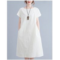 Đầm linen trắng thiết kế suông dài tay ngắn có thắt eo linh hoạt mã sản phẩm DA84