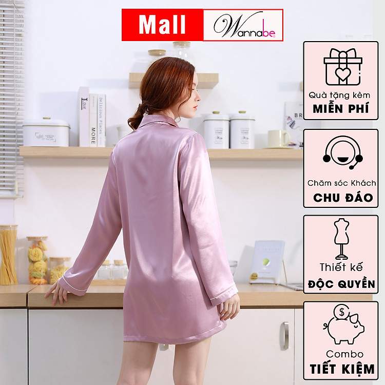 Đầm ngủ sơ mi tay dài WANNABE DNS44 lụa cao cấp phối viền gân nổi bật đầy cuốn hút