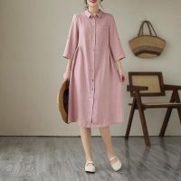 Đầm sơ mi suông xòe phối hai túi sườn chất liệu Linen thiết kế tay sắn năng động trẻ trung