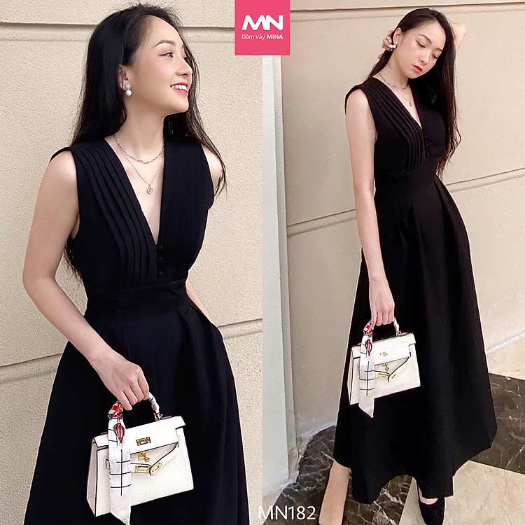 Đầm thiết kế MINA dáng xoè midi cổ V xếp ly MN182 tôn da tôn dáng hiệu quả cho người mặc