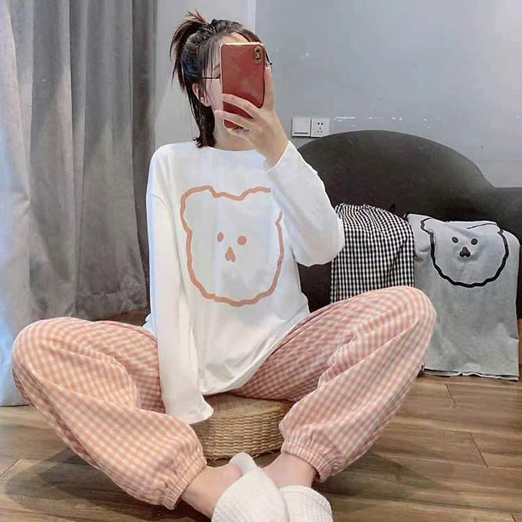 Đồ bộ cotton 127 hình gấu thiết kế dài tay quần dài tôn dáng người mặc