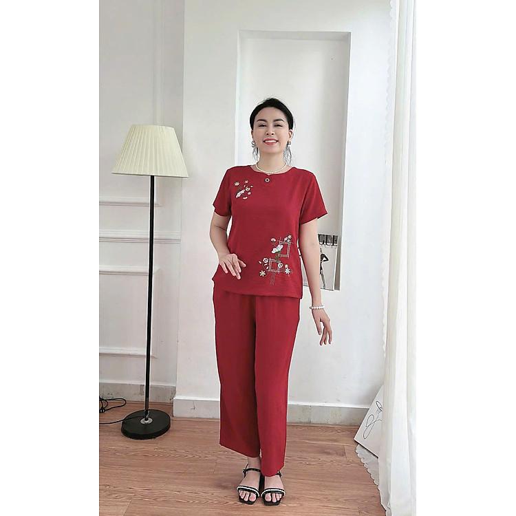 Đồ bộ mặc nhà nữ trung niên vải đũi mềm mịn kiểu dáng nút thắt nơ cổ tròn trẻ trung