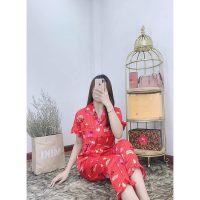 Đồ bộ mặc nhà pijama lụa gấm họa tiết phối bèo xinh xắn dành cho phái đẹp