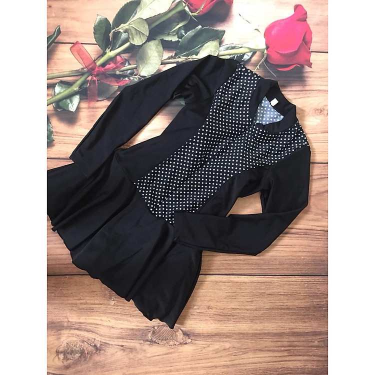 Đồ bơi tay dài nữ đen chấm bi tôn dáng che khuyết điểm hoàn hảo tặng kèm quần váy xinh xắn