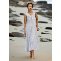 Khám Phá Đầm Maxi Linen Trắng Rút Rua Thủ Công Cao Cấp Hity DRE209 Cho Du Lịch