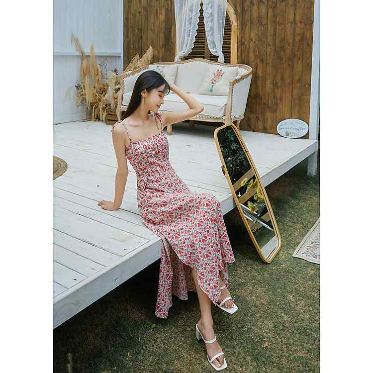 Mẫu đầm maxi xẻ tà dáng dài hoa nhí chất voan tơ cao cấp sang trọng MX056