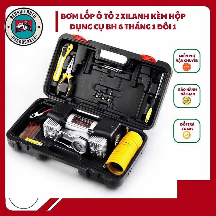Máy bơm lốp ô tô 2 xi lanh đồng hồ cơ kèm bộ phụ kiện sửa chữa lốp khẩn cấp