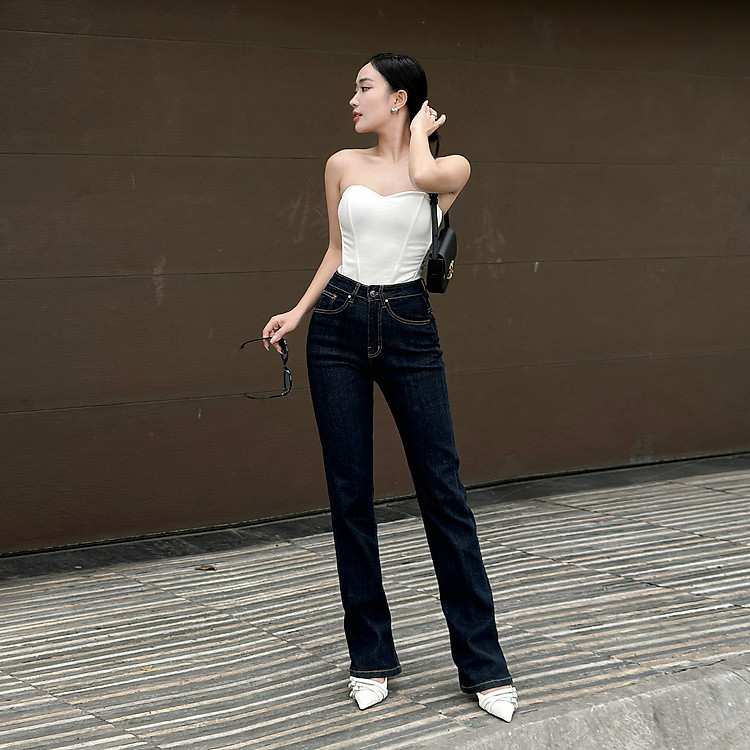 Quần Jean Nữ Slim Fit Màu Indigo Ống Đứng Lưng Cao Chính Hãng Aaa Jeans