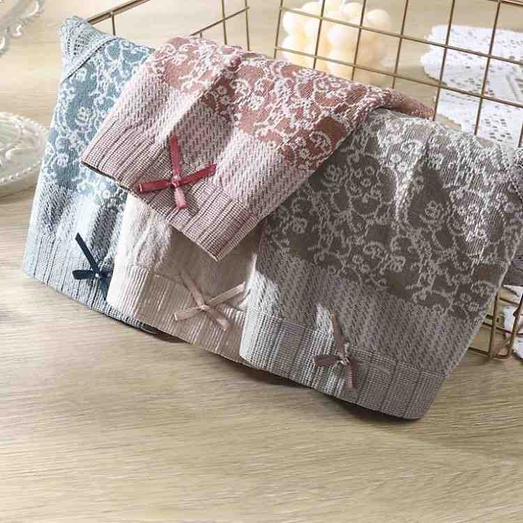 Quần lót nữ thun cotton cạp cao phối viền ren nơ họa tiết hoa văn ôm gọn tôn vòng ba
