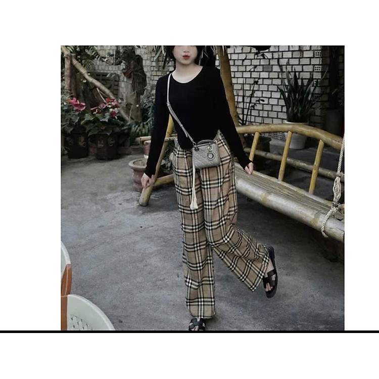 Quần suông kẻ Quảng Châu chất vải mềm mịn kiểu dáng rộng trẻ trung chuẩn form dáng đẹp
