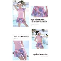 Set bơi nữ thun lạnh áo tay ngắn quần váy đùi mềm mịn có size lớn KT604