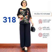 Set trung niên áo voan 2 lớp và quần đũi đen tôn da giữ dáng cho phụ nữ lớn tuổi